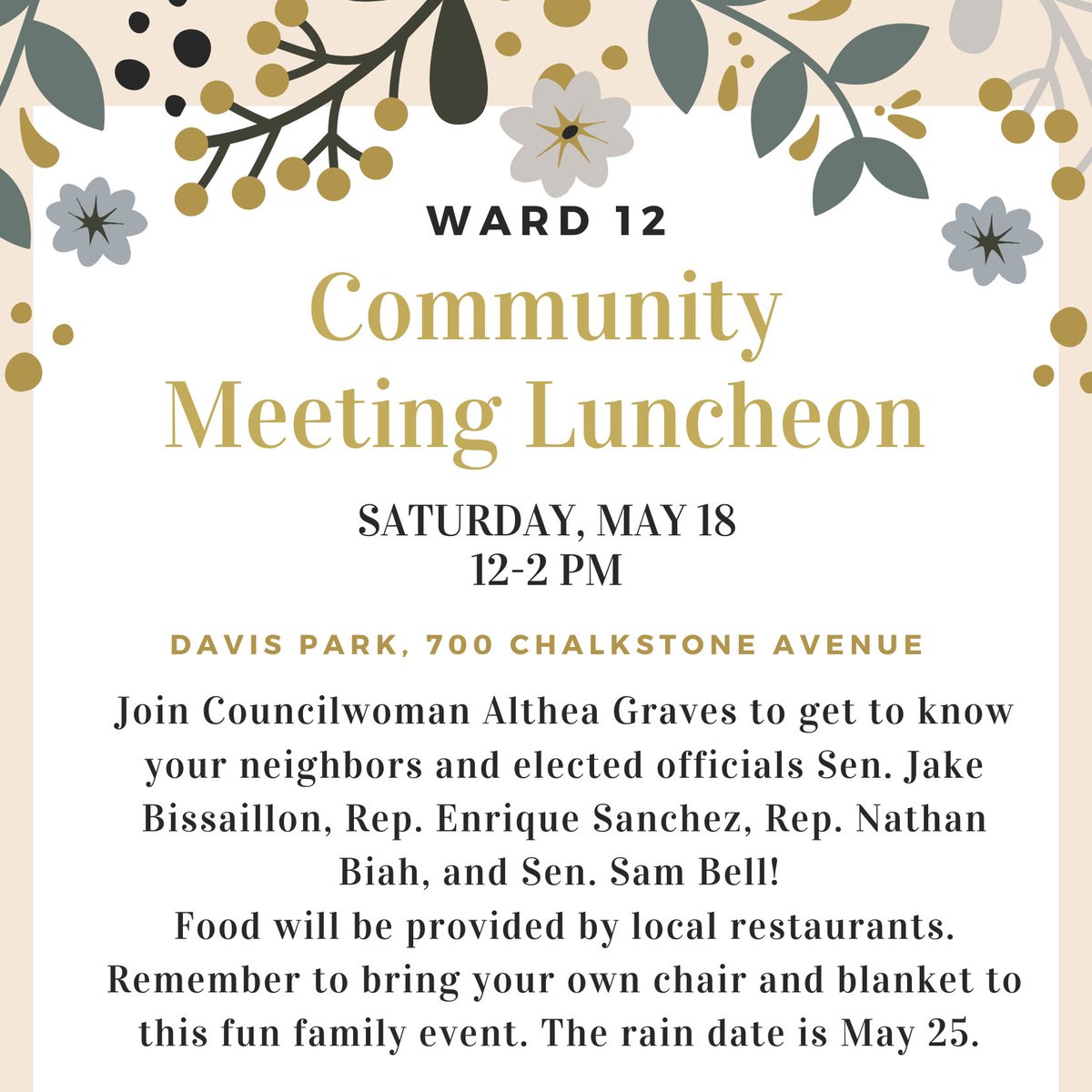 Ward 12: Don't miss this upcoming community meeting luncheon with Councilwoman Graves! Enjoy food from local restaurants and connect with community and elected officials.