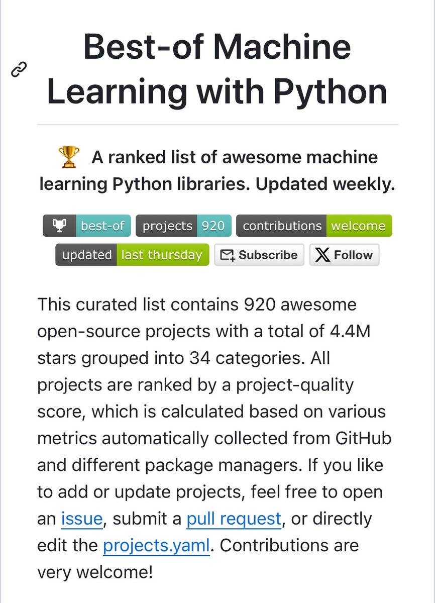 Makine öğrenmesinden veri görselleştirmeye, zaman serisi verilerinden finansal verilere 34 farklı kategoride 920 açık kaynak Python projesine aşağıdaki linkten ulaşabilirsiniz…

🔗 github.com/ml-tooling/bes…