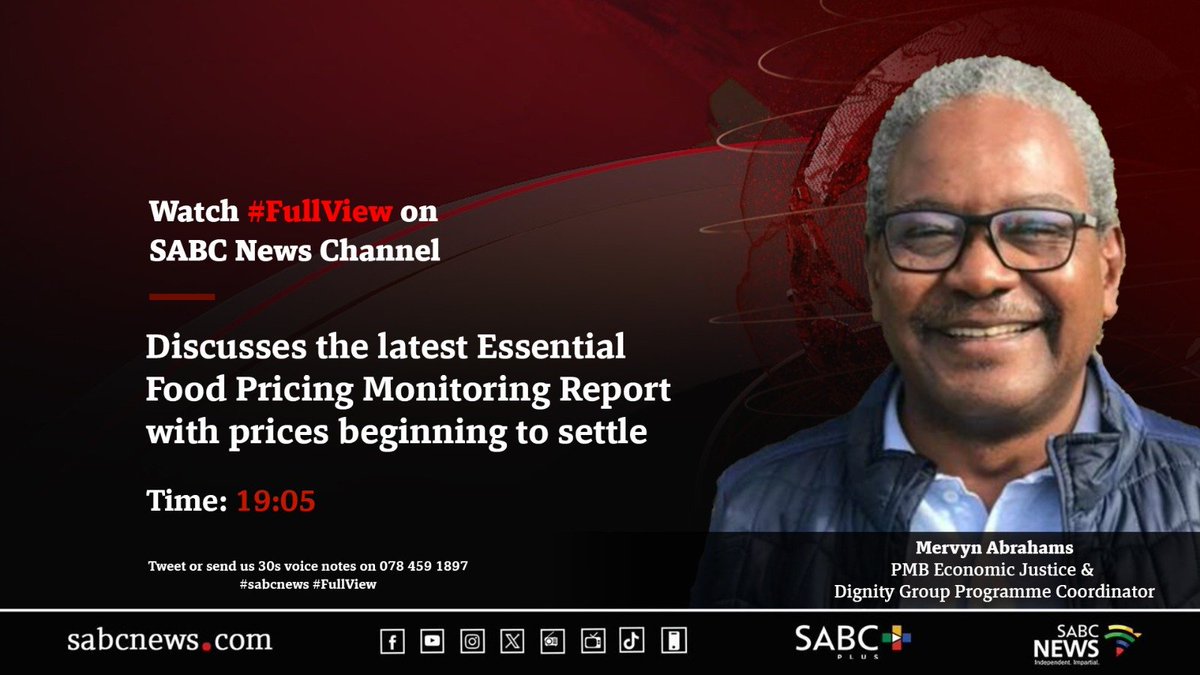 [LATER ON] On #FullView Mervyn Abrahams, discusses the latest Essential Food Pricing Monitoring Report with prices beginning to settle. #SABCNews