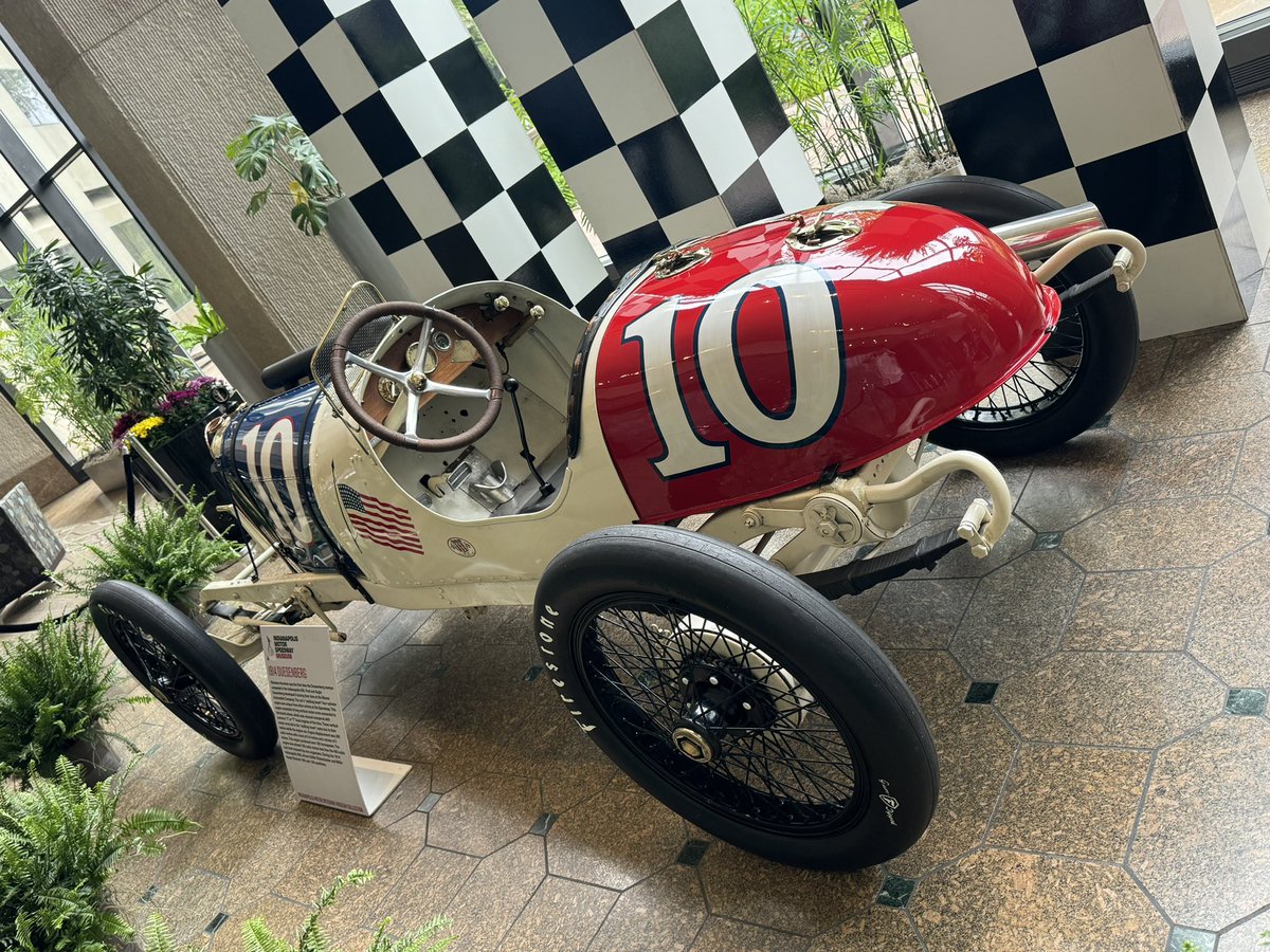 This year’s Indianapolis 500 display car at the @OneAmerica tower was piloted by World War I flying ace Eddie Rickenbacker in 1914, back when they still used riding mechanics. @IMS #ThisIsMay #Indy500