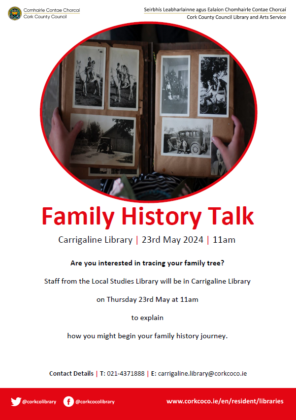 Staff from the Local studies Library will be in Carrigaline Library on Thursday 23rd May at 11am to explain how you might begin your family history journey. #TakeaCloserLook #LoveYourLibrary #LocalHistory #CorkCounty