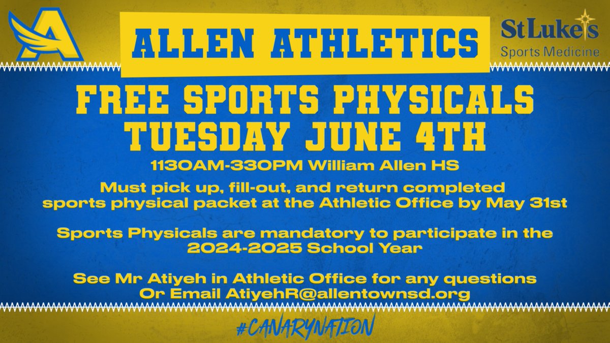 Allen Athletics FREE Sports Physicals - Tues June 4th 1130am-330pm at William Allen HS. Students must pick up/return a signed packet at the athletic office to register for the free clinic by May 31st. Packets and sports sign ups can be accessed as well at AllenAthletics.Org