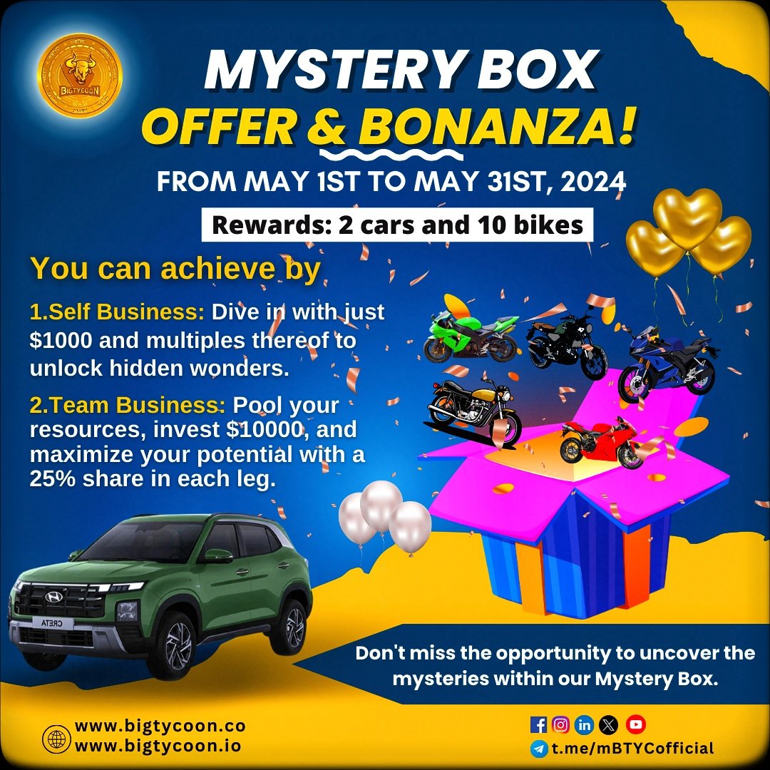 Unbox the ultimate thrill with mBTYC Mystery Box! 🚗🚲 Win big with 2 cars and 10 bikes up for grabs. Get ready to rev up your ride! #mBTYC #MysteryBox #WinBig #MetGala #Rafah #StrayKids_MetGala #百想芸術大賞 #스키즈_멧갈라_축하해 #เพลงขึ้นใจ #MondayMotivation #crypto #bitcoin