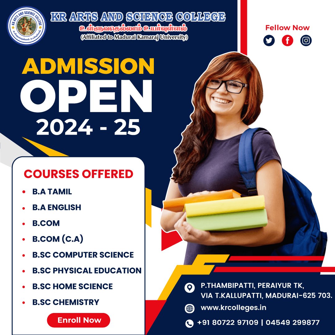 Admission Open 2024 - KR Arts & Science College #madurai #education #library #campus #transportfacility #communicationskill #ecofriendlyenvironment #tamil #english #bcom #ca #bsc #computerscience #Physicaleducation #courses #admission #homescience #courses #visitsite #new
