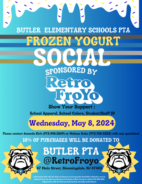 The Butler PTA Frozen Yogurt Social is tomorrow! Head down to Retro FroYo Wednesday, May 8, so 10% of your purchase to be donated back to the Butler PTA. Wear your butler gear or bring your ID!