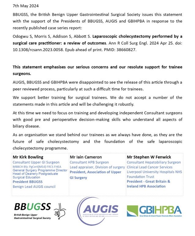 Joint statement on the the recent @RCSnews annals publication - Laparoscopic cholecystectomy preformed by a surgical care practitioner