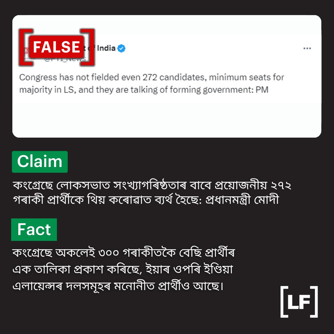 কংগ্ৰেছে চলিত নিৰ্বাচনত '২৭২ গৰাকী প্ৰাৰ্থীয়ে থিয় কৰোৱা নাই' বুলি মোদীয়ে কৰা দাবী সঁচানে? নহয়, মোদীৰ দাবী ভুল, কংগ্ৰেছে অকলেই ৩০০ৰো অধিক প্ৰাৰ্থী প্ৰক্ষেপ কৰিছে। loom.ly/HQK2-Qw