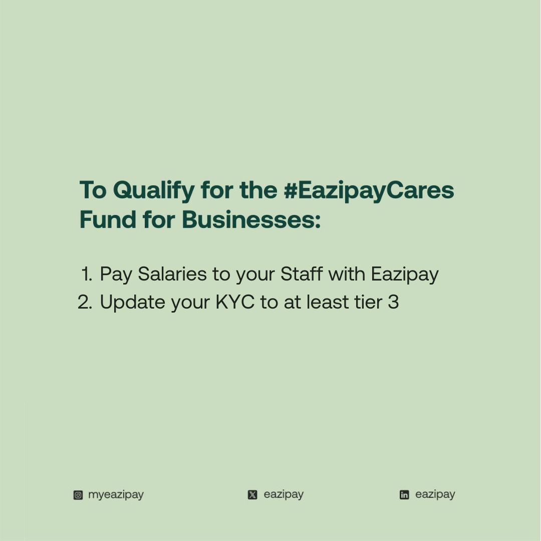 Imagine not having to worry about paying salaries from now till December?
Eazipay is offering business owners this sweet deal. Just download the Eazipay Business app now & be part of the few to have up to 100% of their payroll budget covered. #EazipayCares

Check Thread for more
