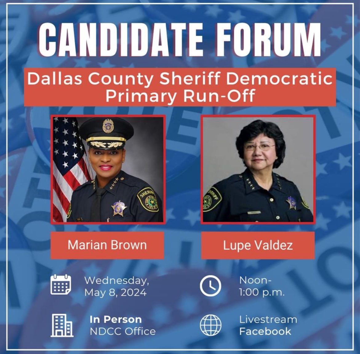 Candidate forum on Wednesday, May 8 at noon with the candidates for Dallas County Sheriff (@SheriffMBrown14 and @LupeValdez). No charge to attend and lunch included. Please RSVP and ndcc.org.