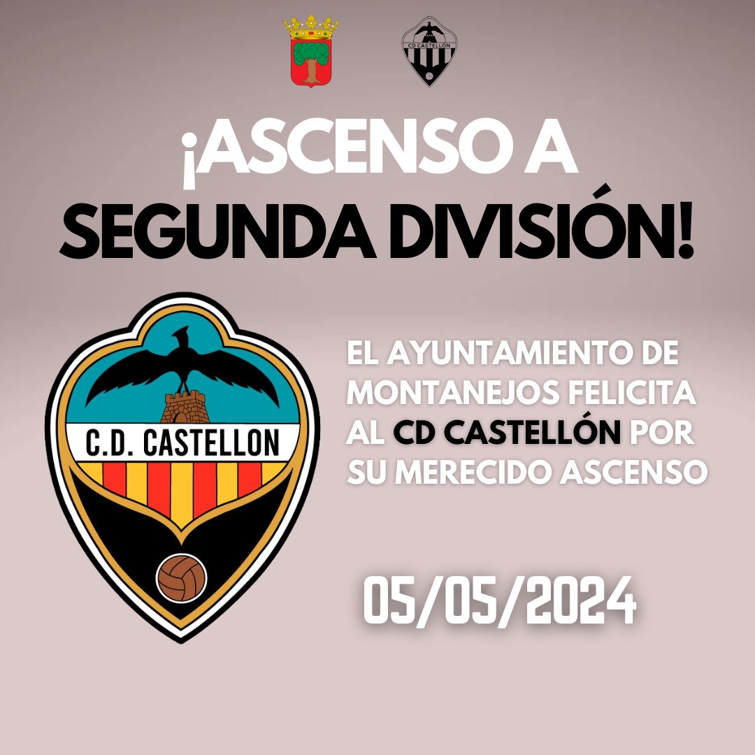 🥳 El Ayuntamiento de Montanejos felicita al @cdcastellon por su merecido ascenso a la Segunda División tras una temporada fantástica 

👏 ¡Enhorabuena, orelluts! ¡Pam, pam, orellut!