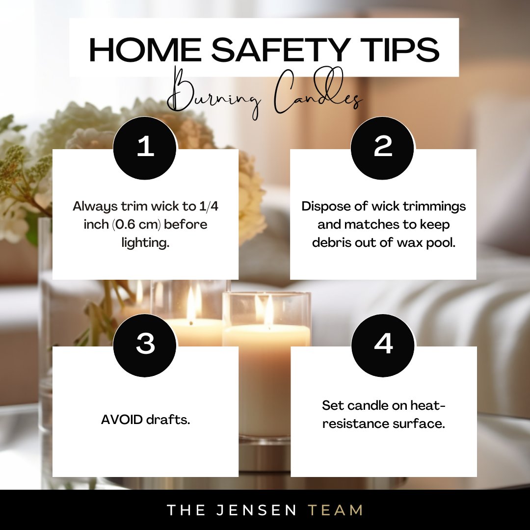 Light up your home with the cosy ambiance of candles, but never without a touch of caution. Here are essential candle burning tips to ensure your home remains a safe haven of tranquillity. Source: bathandbodyworks.ca #TheJensenTeam #OakvilleRealEstate #CandleCare