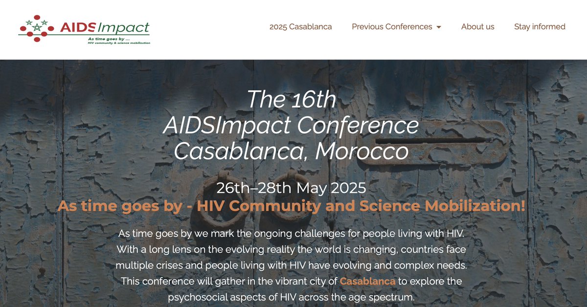 Excited to share the confirmed dates for @AIDSImpact 2025 in Casablanca aidsimpact.com 26-28 May 2025 Abstract dates to follow soon.....