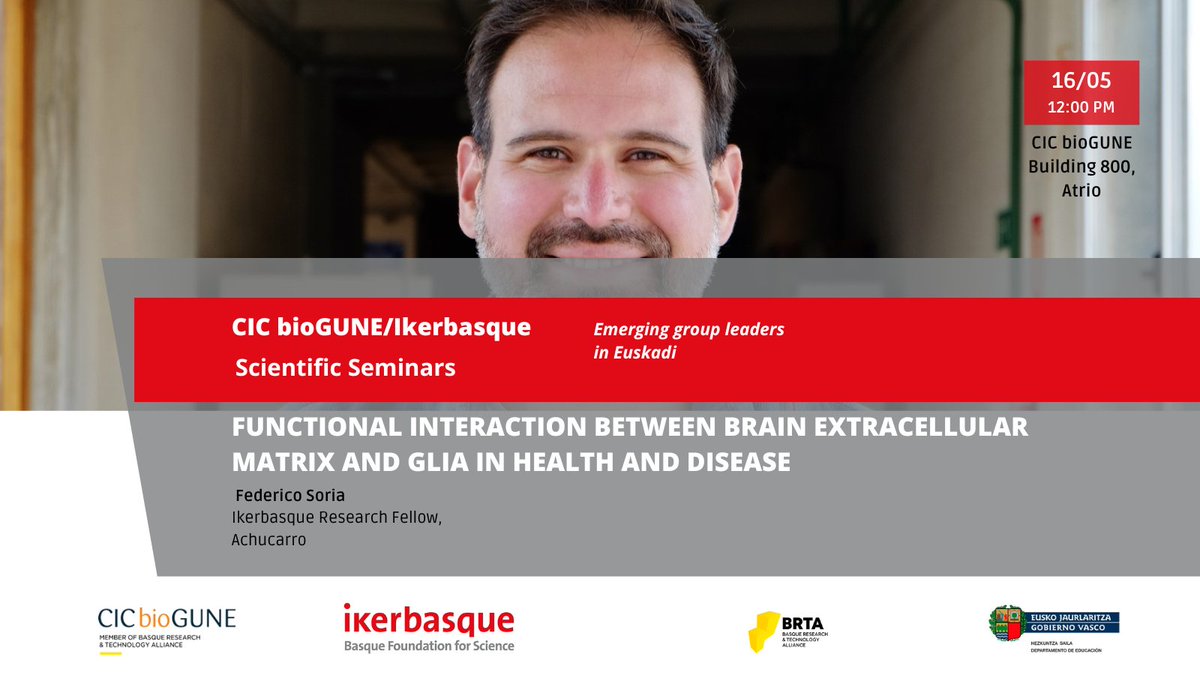 🔴We are collaborating on the organization of a series of seminars with @CICbioGUNE. Next seminar on Thursday, May 16th, with @SoriaFN, @Ikerbasque at @AchucarroGlia: 'Functional interaction between brain extracellular matrix and glia in health and disease'