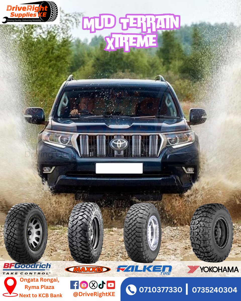 Dive into the ultimate adventure with MT Tyres from BFGoodrich, Maxxis, Falken, and Yokohama! Conquer mud & water with ease, and experience unparalleled performance on any terrain. Upgrade your ride today and unleash the thrill of off-road exploration! #MTTyres  #DriveRightKE