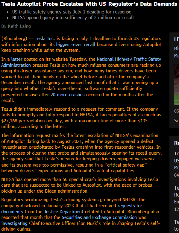 Reminder: Tesla disclosed in January 2023 that it had received requests from the DOH for documents related to Autopilot. The SEC is also investigating Elon Musk's role in shaping Tesla's self-driving claims.