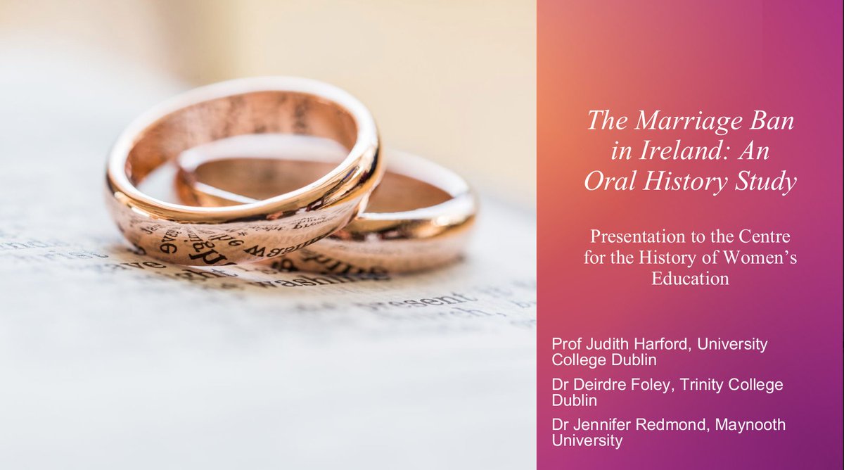 Our colleague @JudithHarford will present with @RedmondJennifer and @DeirdroFoley on the marriage bar in Ireland at the Centre for the History of Women's Education seminar this evening