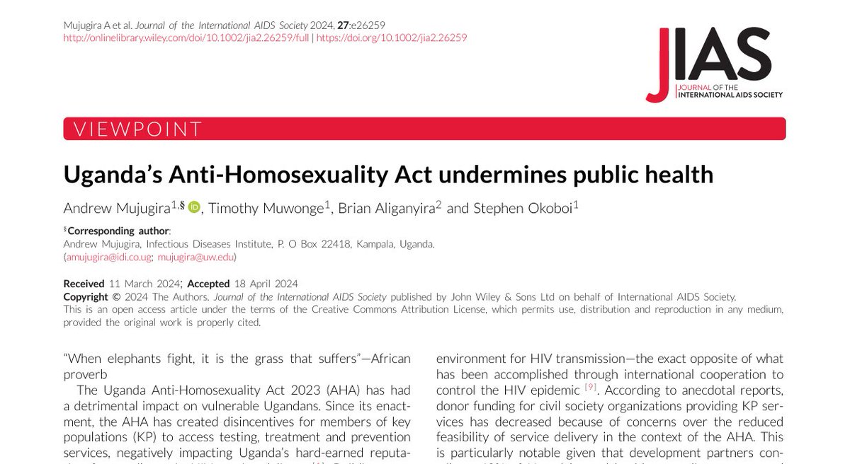 In the wake of Uganda’s enactment of the Anti-Homosexuality Act, JIAS has published a new viewpoint that reflects on the detrimental effects of this law on key populations and HIV care providers. Read the viewpoint here: bit.ly/4dxivpq