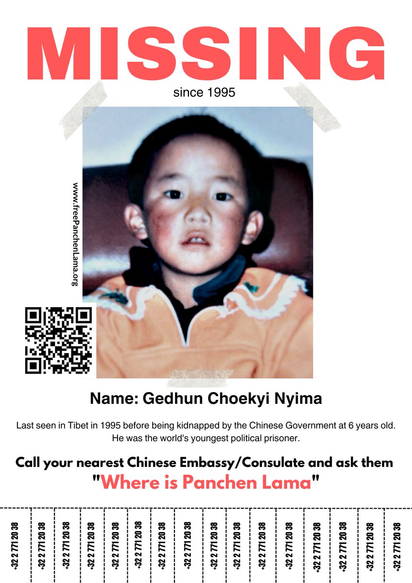 🔊 17 May will mark the 29th year since Gedhun Choekyi Nyima, the 11th #FreePanchenLama was kidnapped by #China. Let's all call our local Chinese embassy to ask 'Where is the Panchen Lama'. Let's start in #Brussels - for the number 👇