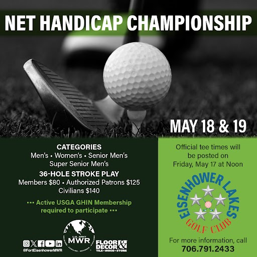 🏌️Don't forget to sign up for the Net Handicap Championship at Eisenhower Lakes!

Just stop by or give them a call at 706-791-2433.

#EisenhowerMWR #EisenhowerLakesGolfClub #NetHandicapChampionship #Golf #GolfTournament