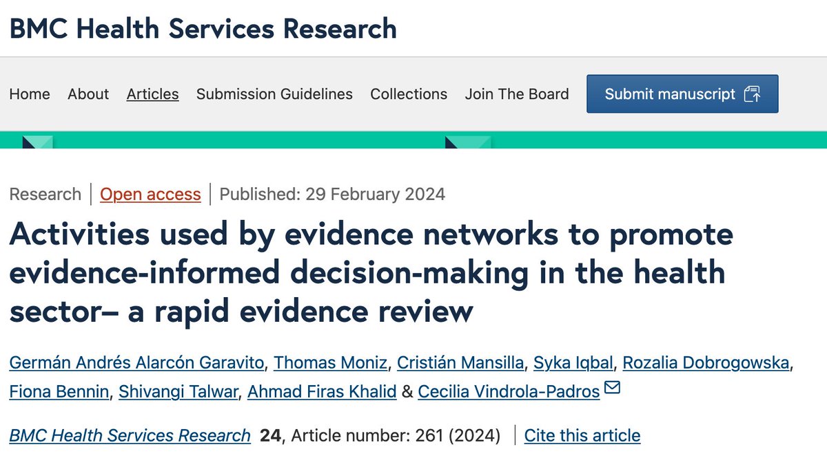 Sharing network efforts with wider audiences, including local, national, and international agencies, is essential for evidence-based decision-making to shape evidence-informed policies and programmes effectively. Read more in this @HSRatBMC article bmchealthservres.biomedcentral.com/articles/10.11…