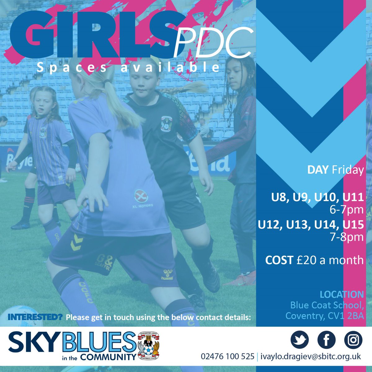 Girls PDC I

Our Girls Player Development Centre is growing fast. 

Simply complete the following form and we will get in touch with you to arrange a free taster session:
forms.office.com/e/nDzE4BZTyQ

📧ivaylo.dragiev@sbitc.org.uk
☎️02476100525

#MakingADifference #SkyBlueLioness