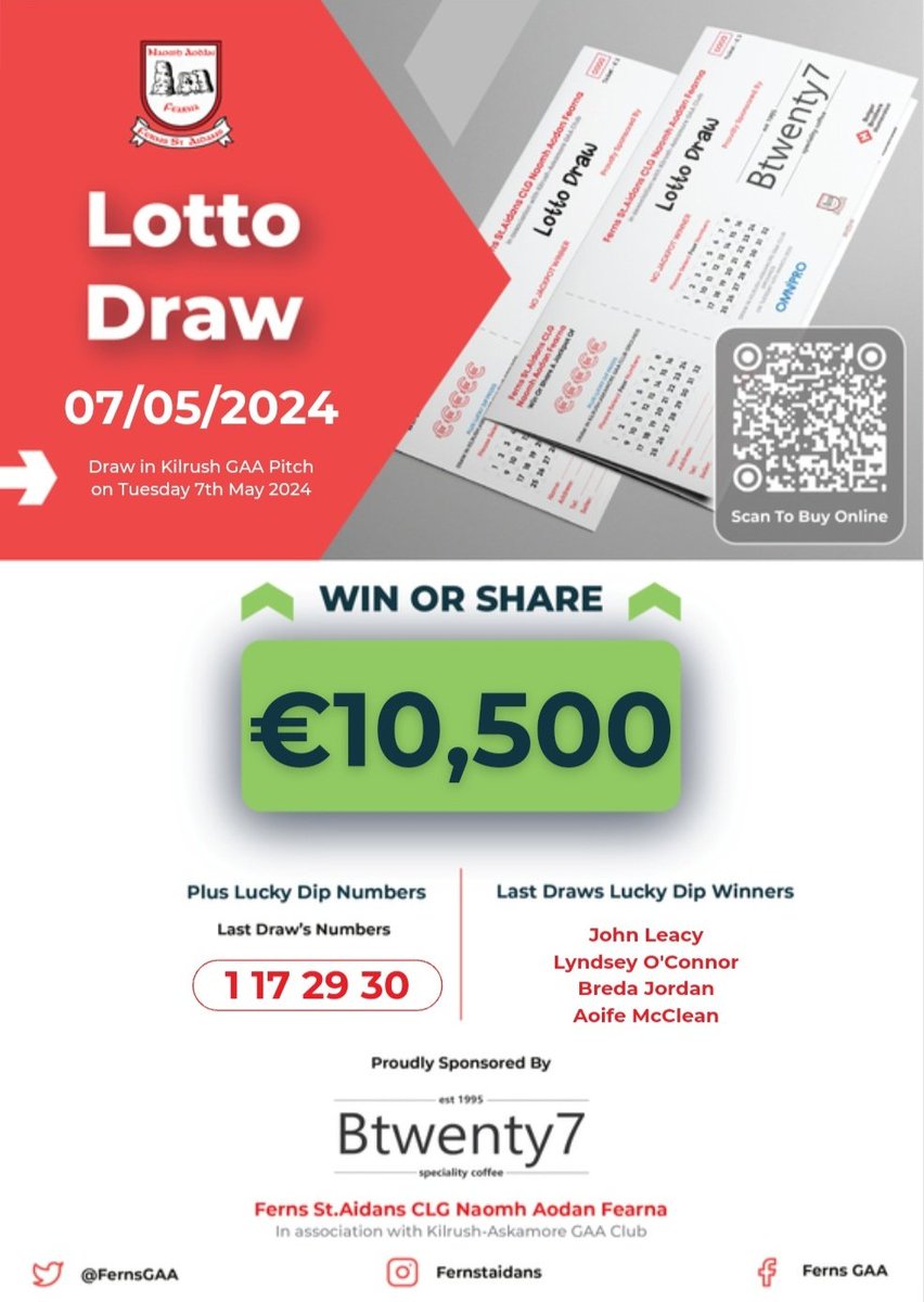 *🌟 Get Lucky with Ferns St Aidans GAA Club Lotto proudly sponsored by Btwenty7 Speciality Coffee!🌟* *€10,500 Jackpot* Play using the link below or on the Clubzap app! fernsgaa.clubzap.com/categories/lot…