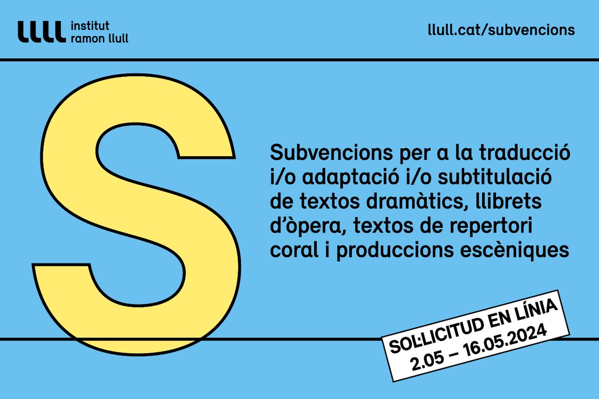 ✳️ CONVOCATÒRIA OBERTA ✳️ ✍️ Subvencions per a la traducció i/o adaptació i/o subtitulació de textos dramàtics, llibrets d’òpera, textos de repertori coral i produccions escèniques 📅 Sol·licitud en línia: del 2.05 al 16.05.2024  Més informació 👇 llull.cat/catala/subvenc…