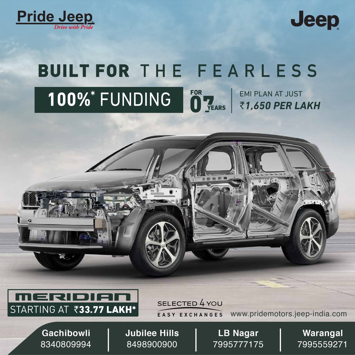 Hit the terrains or lead the urban trails with the highly sophisticated Jeep Meridian. Drive like a hero!

#Pridejeep #PrideJeepHyderabad #jeepcars #jeeplife #jeepindia #JeepJubileeHills #JeepGachibowli #JeepWarangal #Jeeplbnagar #jeepmeridian #jeepmeridianindia