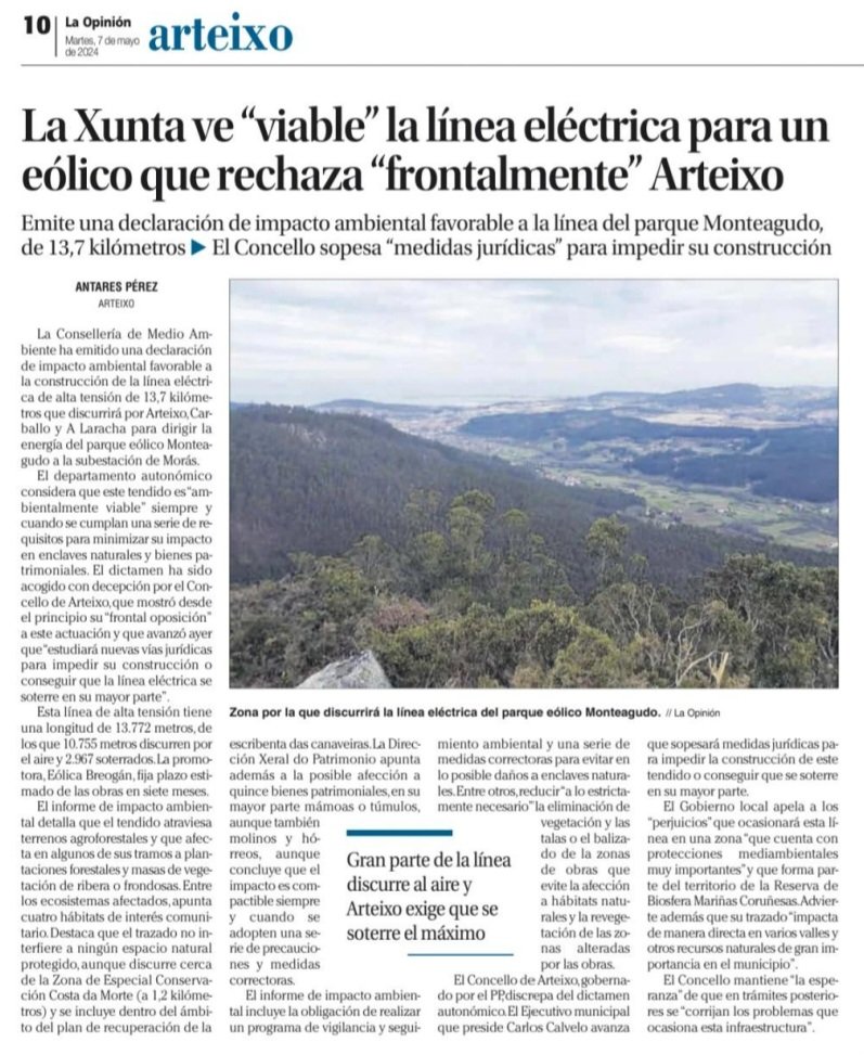 La #Xunta ve viable la línea eléctrica para el P.E. Monteagudo, que rechaza frontalmente #Arteixo
El Concello sopesa medidas jurídicas para impedir su construcción
#ZonaespecialdeconservaciónCostadaMorte 
#TerritoriodelareservadelaBiosferamariñasCoruñesas

laopinioncoruna.es/gran-coruna/20…