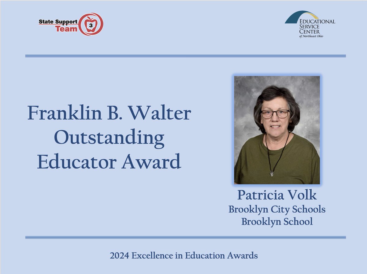 ESCNortheastOH's tweet image. Congratulations, Brooklyn City Schools&apos; Patricia Volk for receiving the ESC and @SSTRegion3&apos;s Excellence in Education 2024 Franklin B. Walter Outstanding Educator Award. 

Thank you for making a difference in your school and community! 👏🏻🎉

@Brooklyn_Supt