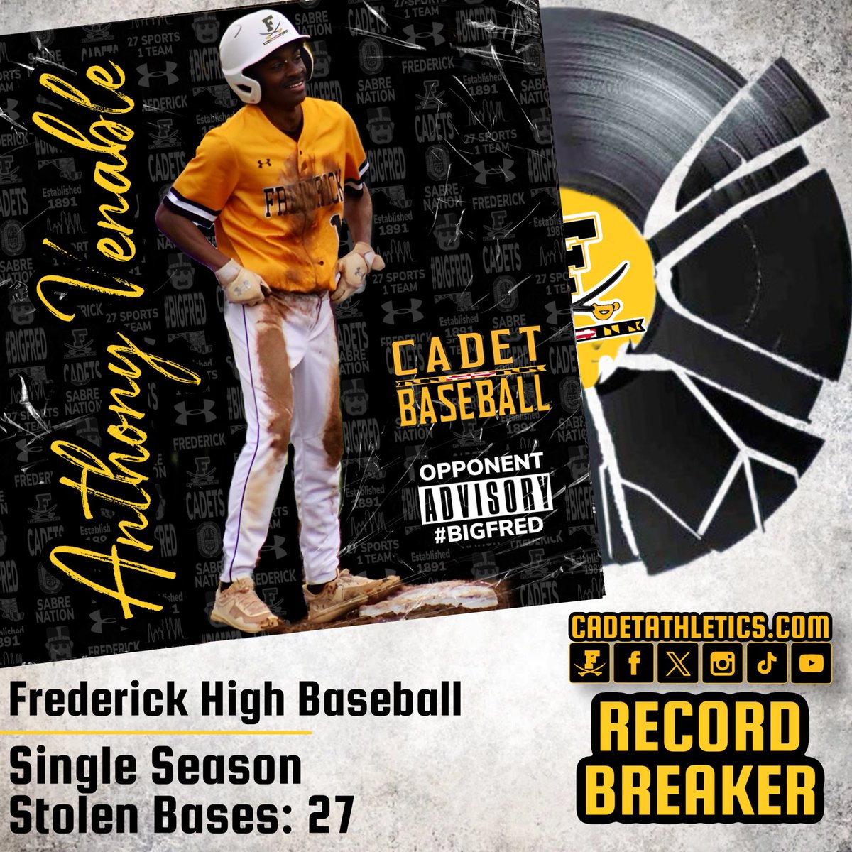 💿Cadetathletics.com Record Breaker💿

Senior Anthony Venable established a new Frederick High School record for stolen bases in a single season with a total of 27. He surpassed the previous records set by Kristian Spriggs and James Grove from 1996 and 1919, respectively.