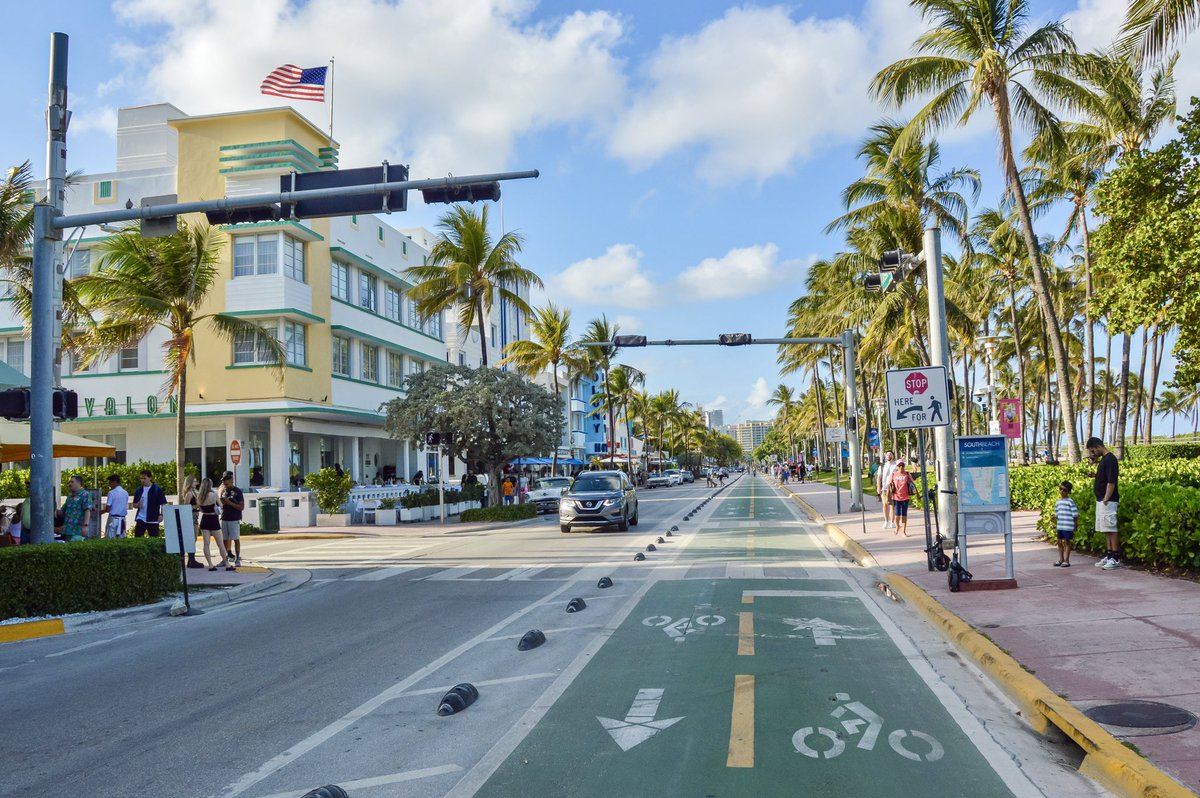 With its Art Deco hotels, classic cars, and bustling terraces, Miami Beach’s Ocean Drive is one of the world’s most iconic thoroughfares. In 2022, a road diet reduced car traffic to one direction, removed street parking on one side, and added a bidirectional protected bike lane.