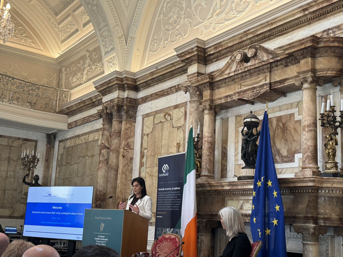Launching today’s @eurofound 2024 Annual lecture in Iveagh House @dfatirl , with 1 month to go to #EUElections24, Minister @CarrollJennifer powerfully reminds us of the need to articulate a new vision for Europe in changed circumstances against the rise of mis/disinformation. 🇪🇺