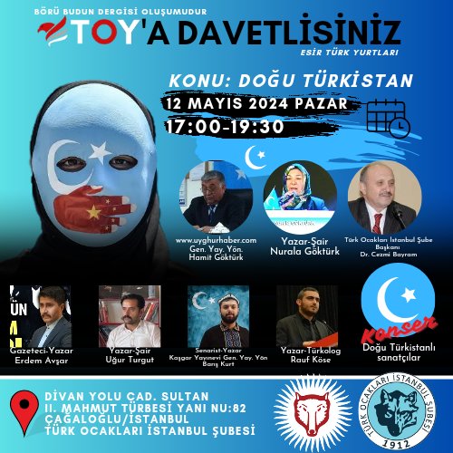 TOY, 1. Programı ile başlıyor.
12 Mayıs Pazar günü
Saat 17:00-19:30 saatleri arasında Türk Ocakları İstanbul şubesi ile ortak etkinlikte Kuruluyor.
DAVETLİSİNİZ!