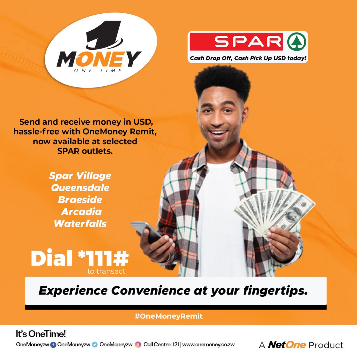 Cash in/out USD via OneMoney with ease at any of the listed Spar outlets. No queues & cash guaranteed. 💸Hurry now and experience the convenience you've been waiting for! Visit Spar Village, Queensdale, Braeside, Arcadia, and Waterfall. #OneMoney #ConvenientMove