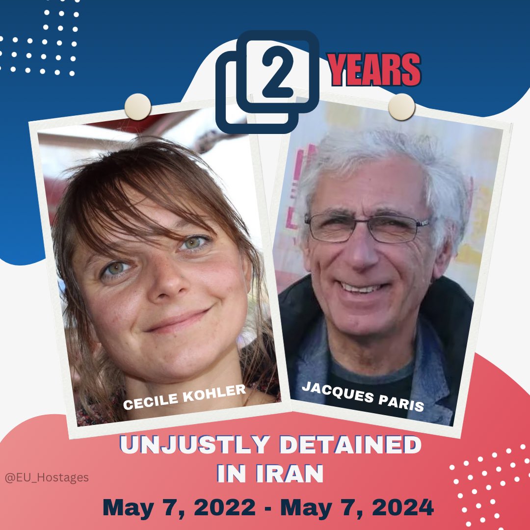🇫🇷Cecile Kohler & Jacques Paris’s unjust detention in #Iran has reached its 2nd yr. 2yrs of their lives lost as the #IranianRegime collects foreign nationals to use as pawns. @EmmanuelMacron @Europarl_EN, pls unite to fight Iran’s #HostageDiplomacy & #FreeCecileAndJacques.
