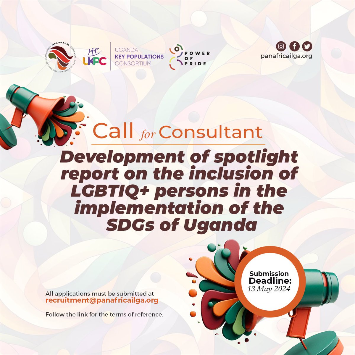 UKPC & @PanAfricaILGA are seeking a consultant to develop a spotlight report on the inclusion of LGBTIQ+ persons in the SDGs of Uganda. 🏳️‍🌈 Check out the poster below for submission guidelines. Know anyone fit? Please share with them this opportunity.