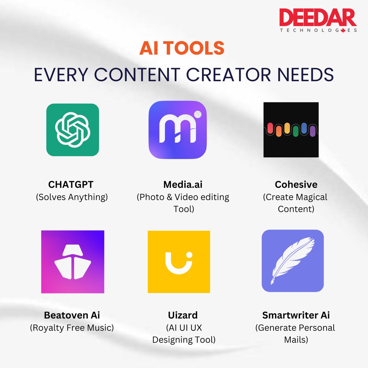 Unlock your content creation potential with essential AI tools: ChatGPT for conversation, Media.ai for media enhancement, Cohesive for collaboration, Beatoven AI for music, Uizard for design, and SmartWriter AI for writing.

#DeedarTechnologies #DigitalMarketing