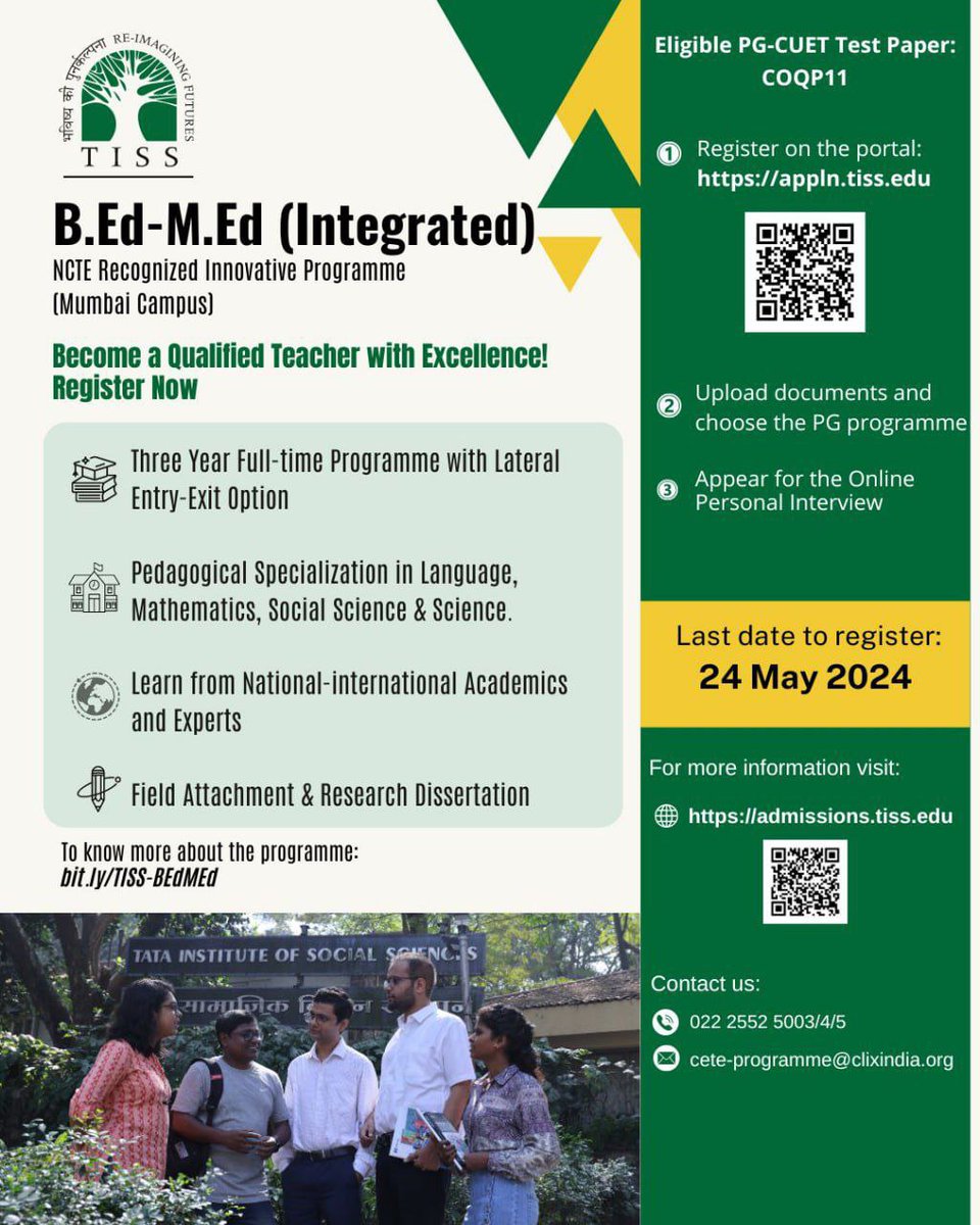 #ApplyNow Seize your chance to be part of the next cohort of B.Ed-M.Ed Integrated Programme at TISS. Registrations open for 2024 admissions based on PG-CUET! 1. Register on the TISS PG Admissions portal: appln.tiss.edu 🗓 Last date to register: Friday, 24 May 2024