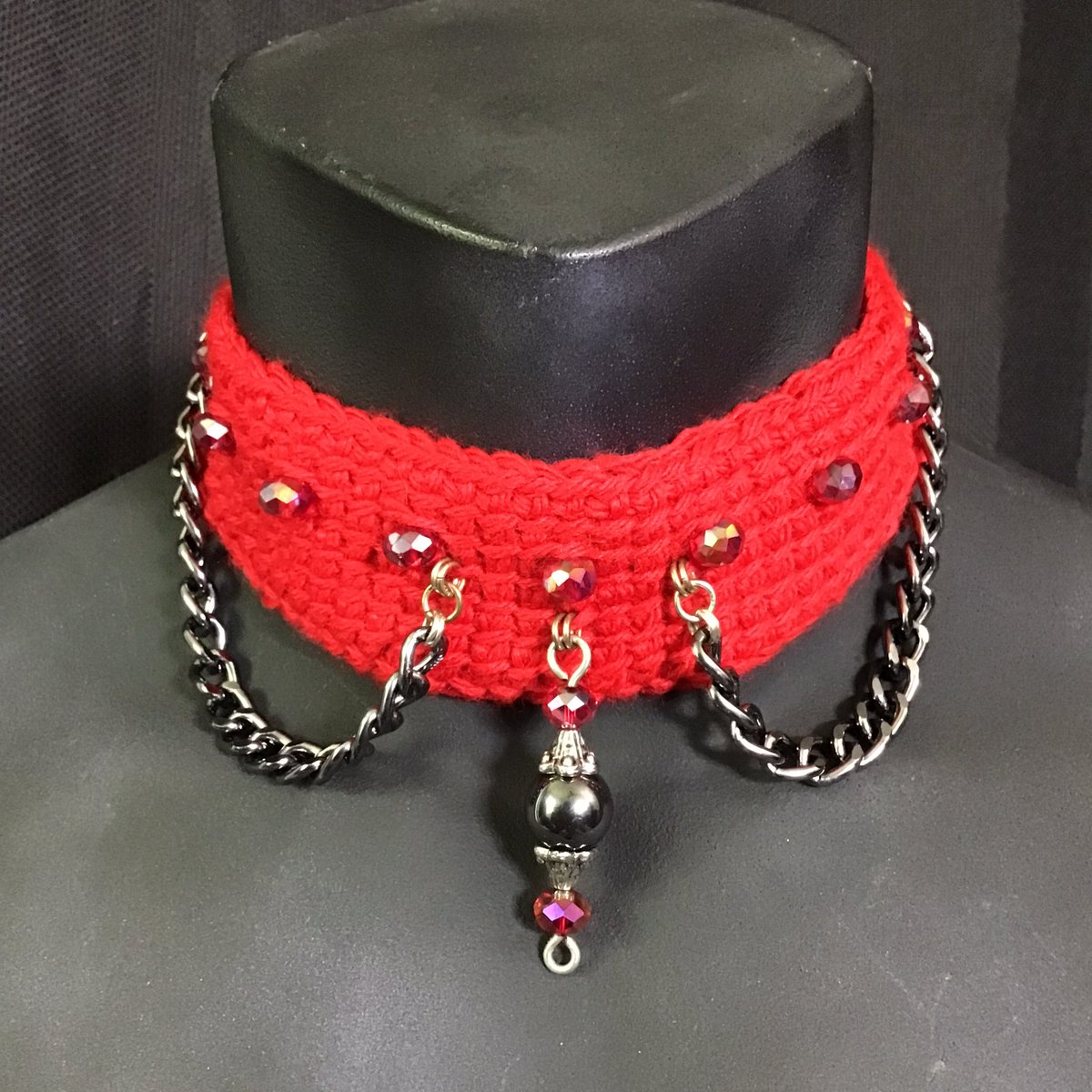 🌫️CHAINS AND CHERRY RED CHOKER🌫️To Purchase🫧#HitTheLinkInMyBio #HandmadeJewelry #ChokerLove #AlternativeFashion #Jewelry #TunisianCrochet #MichaelsMakerPlace