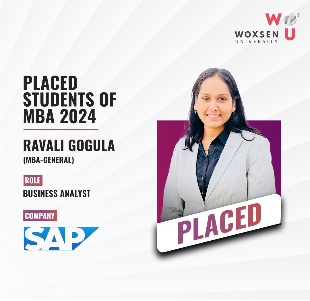 #corporaterelations4studentsuccess
Huge congratulations to Ravali Gunda, our MBA (Business Analytics) student, on securing a placement as a Business Analyst at @saplabsindia!

#woxsenuniversity #placementpreparation #campusplacement #corporaterelations #placements #hyderabad