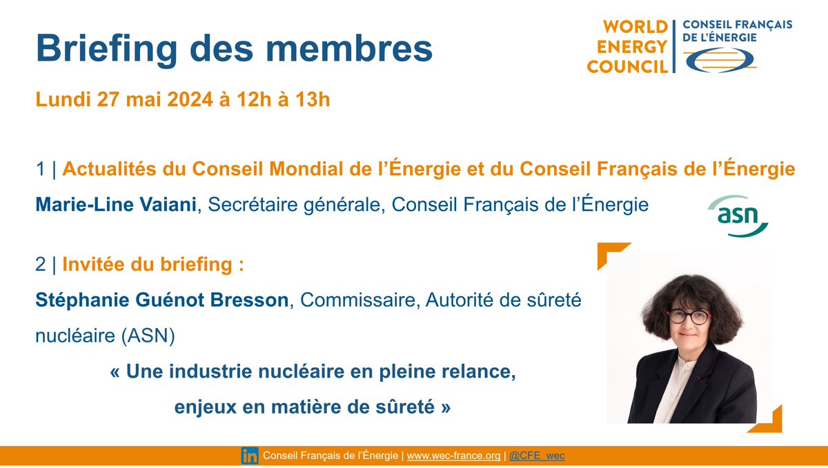 📅 [Membres] Rdv pour un Briefing en visio le 27 mai de 12h à 13h: <a href="/MarieLineVaiani/">Marie-Line Vaiani</a> recevra Stéphanie Guénot-Bresson, Commissaire à l'@ASN: Une industrie nucléaire en pleine relance, quels enjeux en matière de sûreté ?
🔒 Inscription réservée aux membres : bit.ly/3JMDmYp