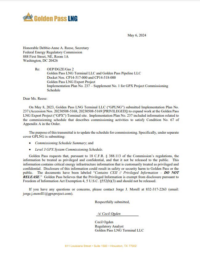 Golden Pass LNG has filed an updated commissioning schedule with FERC but it’s not public…
 
PDF of letter at is.gd/F4bd6b
 
#LNG #ONGT #NatGas #Shale #OOTT #Houston