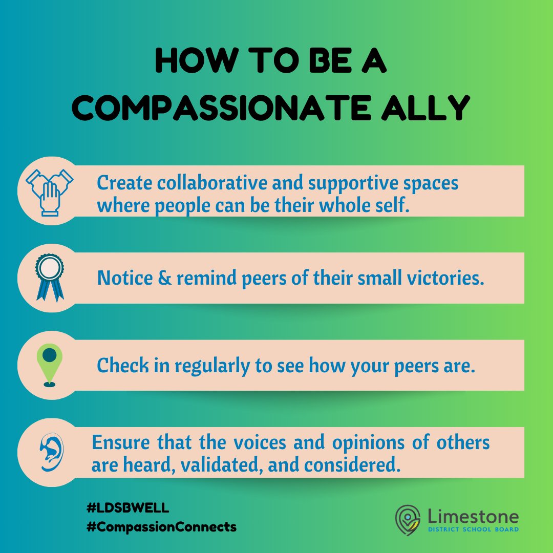 An ally is someone who supports and educates themselves and speaks out and advocates for a marginalized group. You can demonstrate allyship by ensuring that spaces are accessible and welcoming, and that the voices of others are heard. #CompassionConnects #LDSBWell