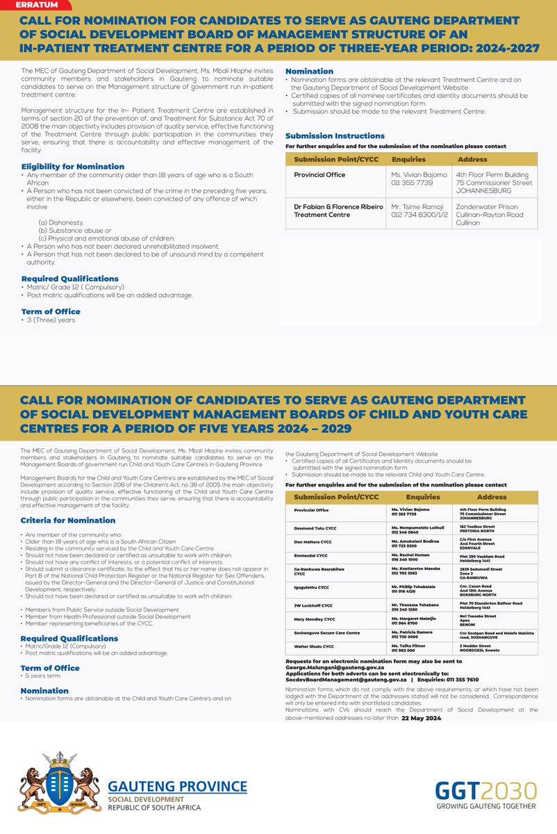 🔊🔊MEC <a href="/MbaliHlopheSA/">Mbali Hlophe</a> invites community members and stakeholders to nominate suitable candidates to serve on the Management Structure of Government run In-patient Treatment Centres and Child and Youth Care Centres.

Forms👇
cmbinary.gauteng.gov.za/Media?path=soc…

cmbinary.gauteng.gov.za/Media?path=soc…

#GGT