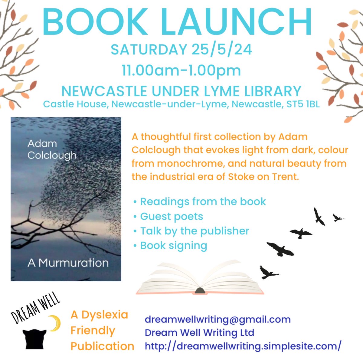 Dream Well is excited to announce publication of A Murmuration by Adam Colclough 25/5/24 11.00 am-1.00pm ⁦@StaffsLibraries⁩ Newcastle Under Lyme Library. All welcome!
#staffordshirelibraries #DyslexiaFriendly #poetry #smallpress #dreamwellwriting #stokeontrent #poetrybooks
