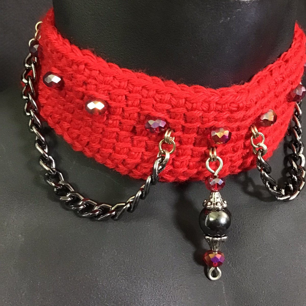 🌫️CHAINS AND CHERRY RED CHOKER🌫️To Purchase🫧#HitTheLinkInMyBio #HandmadeJewelry #ChokerLove #AlternativeFashion #Jewelry #TunisianCrochet