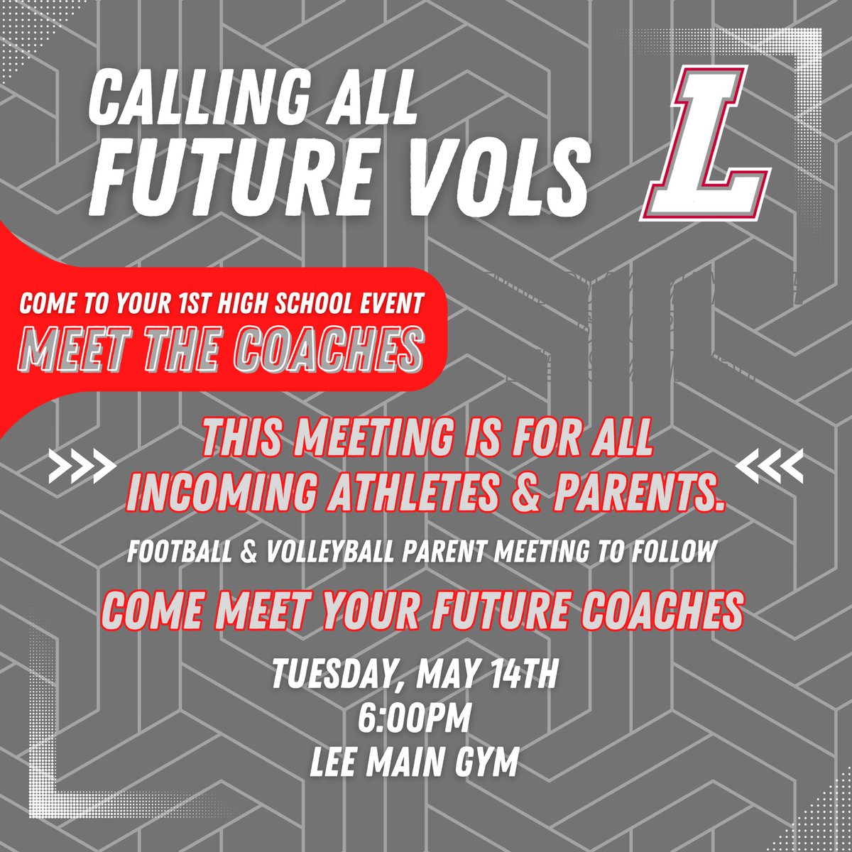 🗣️Future Vols‼️ Come meet your coaches next Tuesday night, May 14th in the Main Gym. Event starts at 6 pm. This is for all incoming freshmen and new transfer athletes. See you there! @EscamillaAlex1 @PrincipalJaguar @completelycoop @AthleticsNimitz @JaguarsJackson