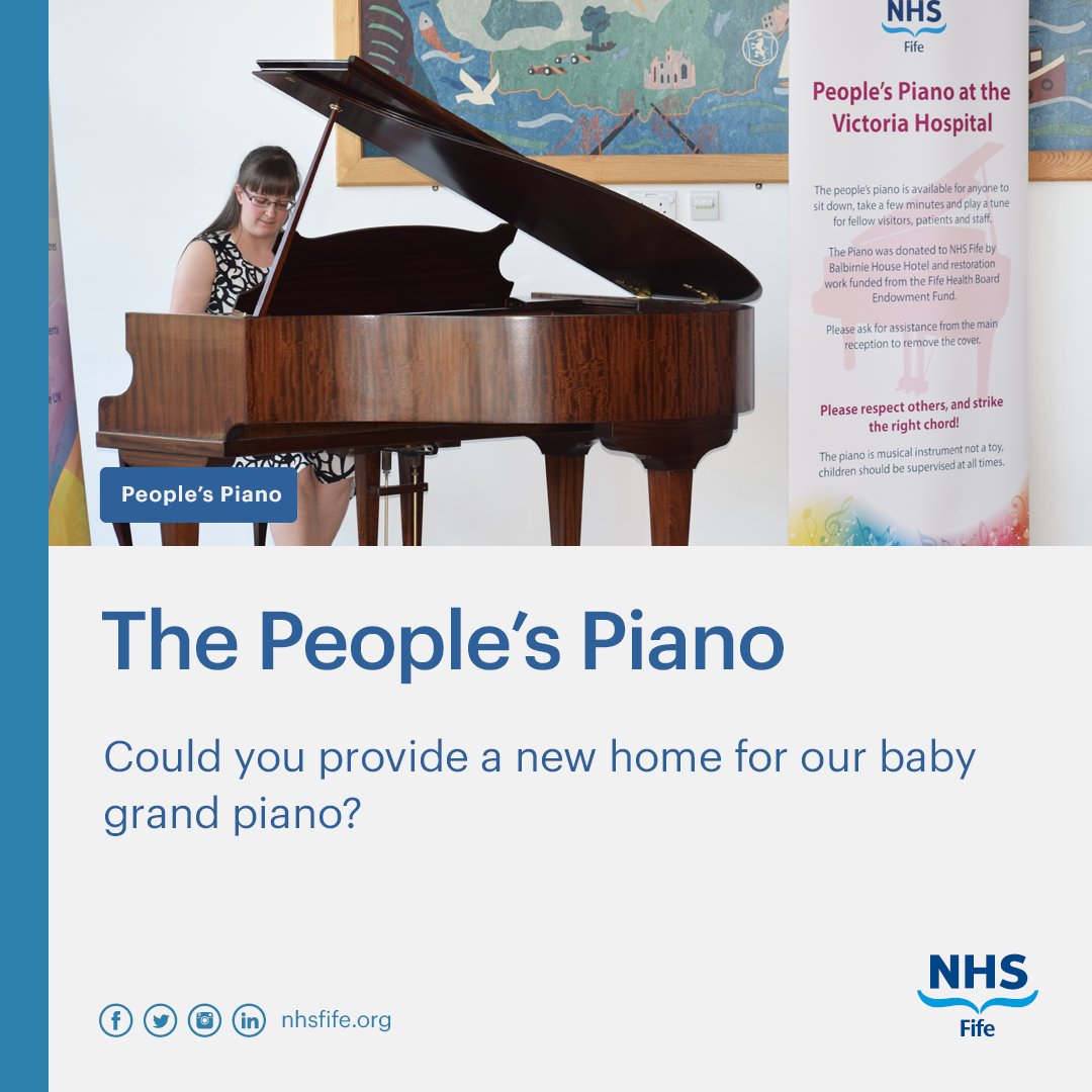 We’re looking to find a new home for our baby grand piano, which was gifted to us in 2019. The 'People's Piano' was used extensively before the pandemic, but not as much recently for various reasons. We're inviting local groups to contact us at: fife.communications@nhs.scot.