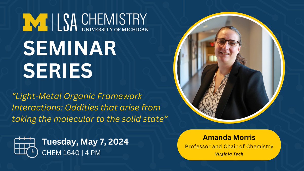 Today's #MichiganChem Seminar Speaker is Amanda Morris from Virginia Tech.

⏰ When: Today, 4pm
📍 Where: CHEM 1640